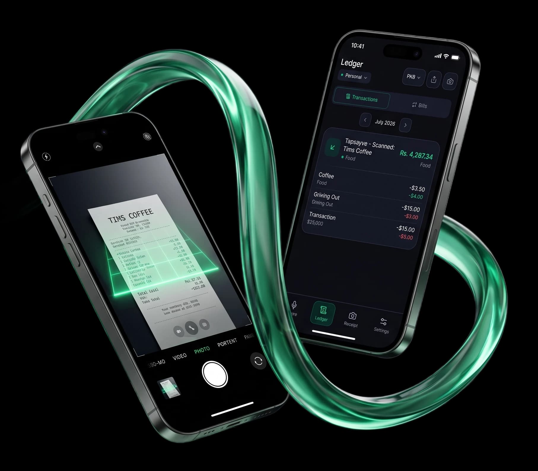 AI receipt scanner on iPhone — Tapsayve extracts merchant, tax, and total from a photographed receipt
