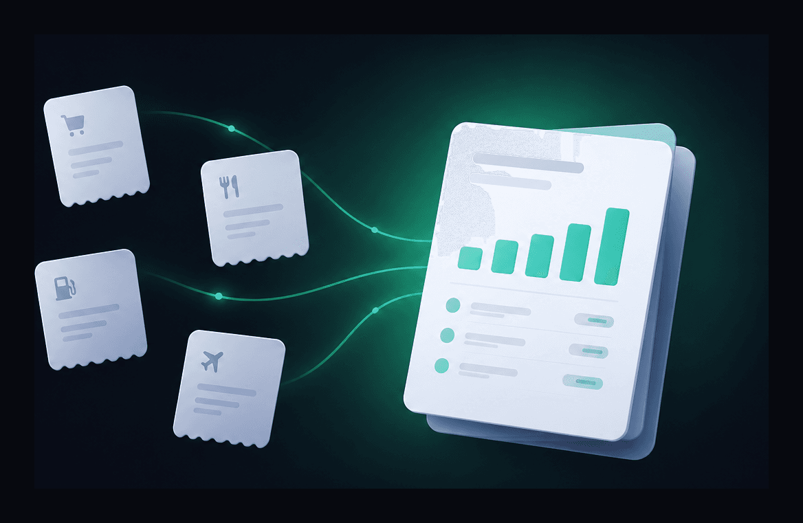 Receipts from shopping, dining, fuel, and travel flowing into one finished business expense report with category totals, business expense reporting software in action