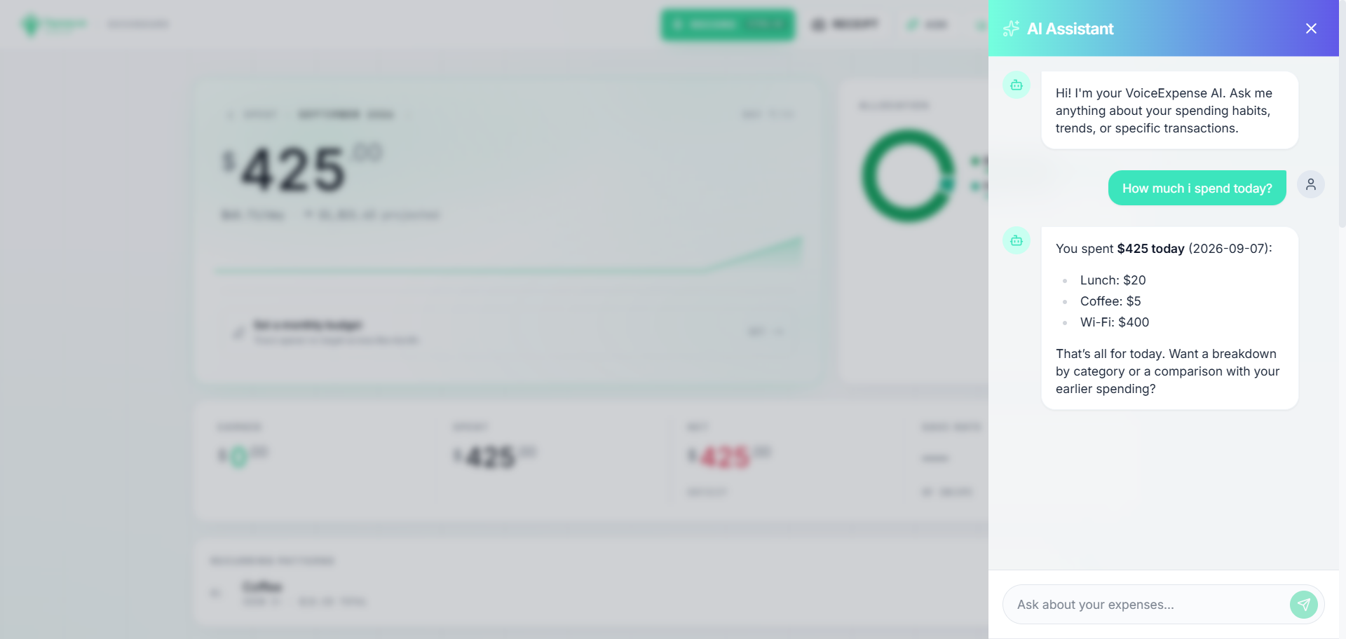 The Tapsayve AI assistant answering a natural-language question about spending.