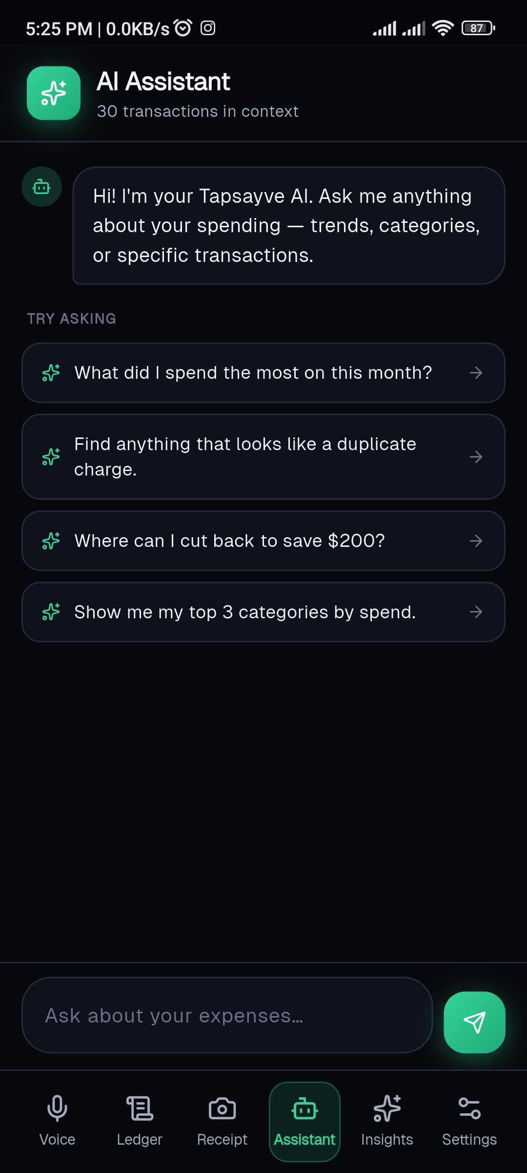 The Tapsayve AI assistant on mobile, answering a question about spending.