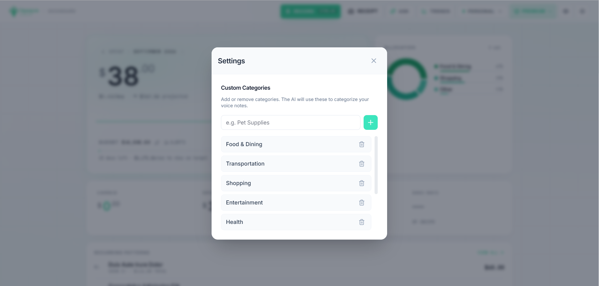 Managing expense categories on the Tapsayve web app.