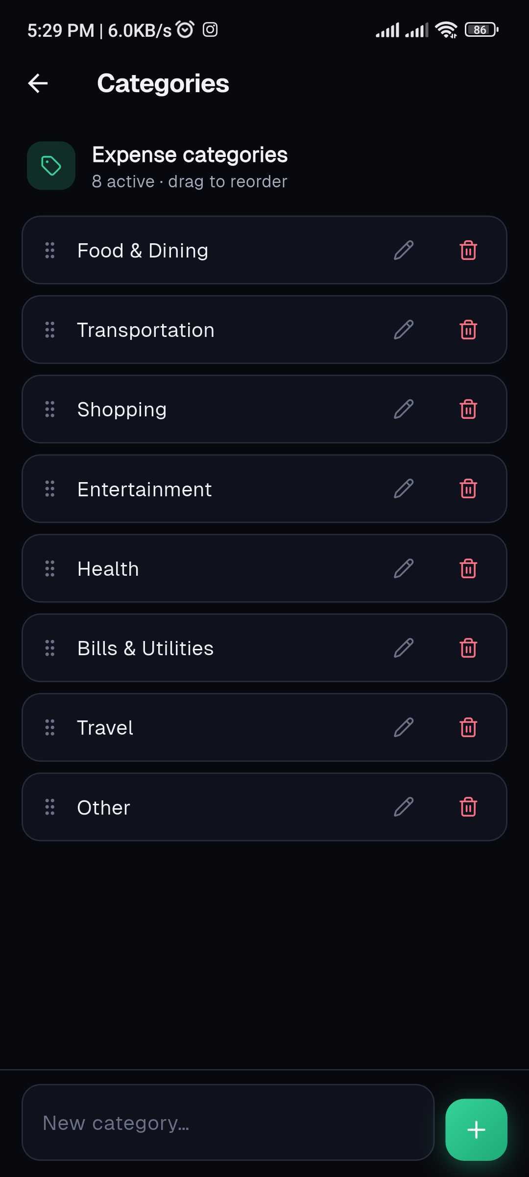 Managing categories on Tapsayve mobile, adding, renaming, reordering, and deleting.