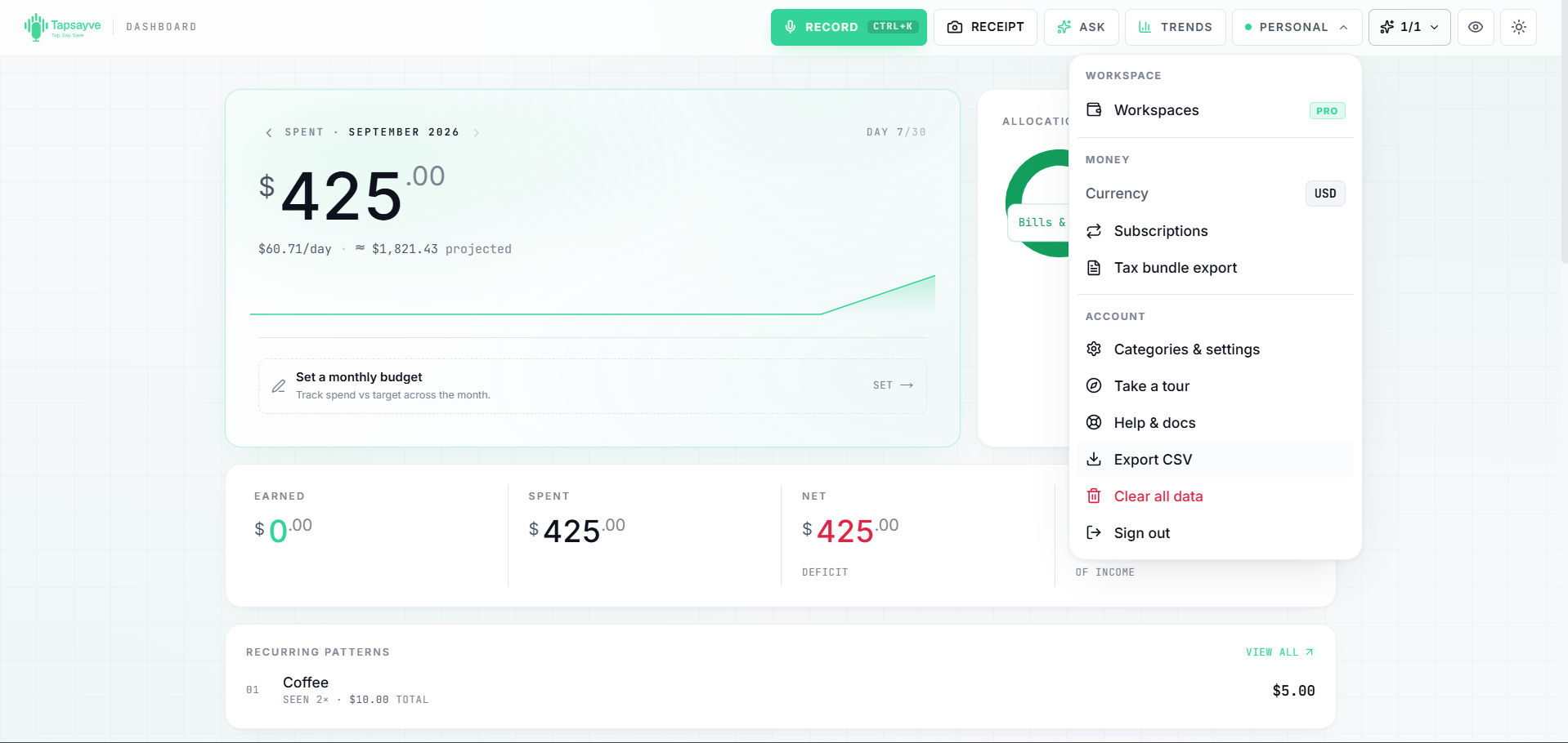 Exporting expenses to a CSV file from the Tapsayve web app.