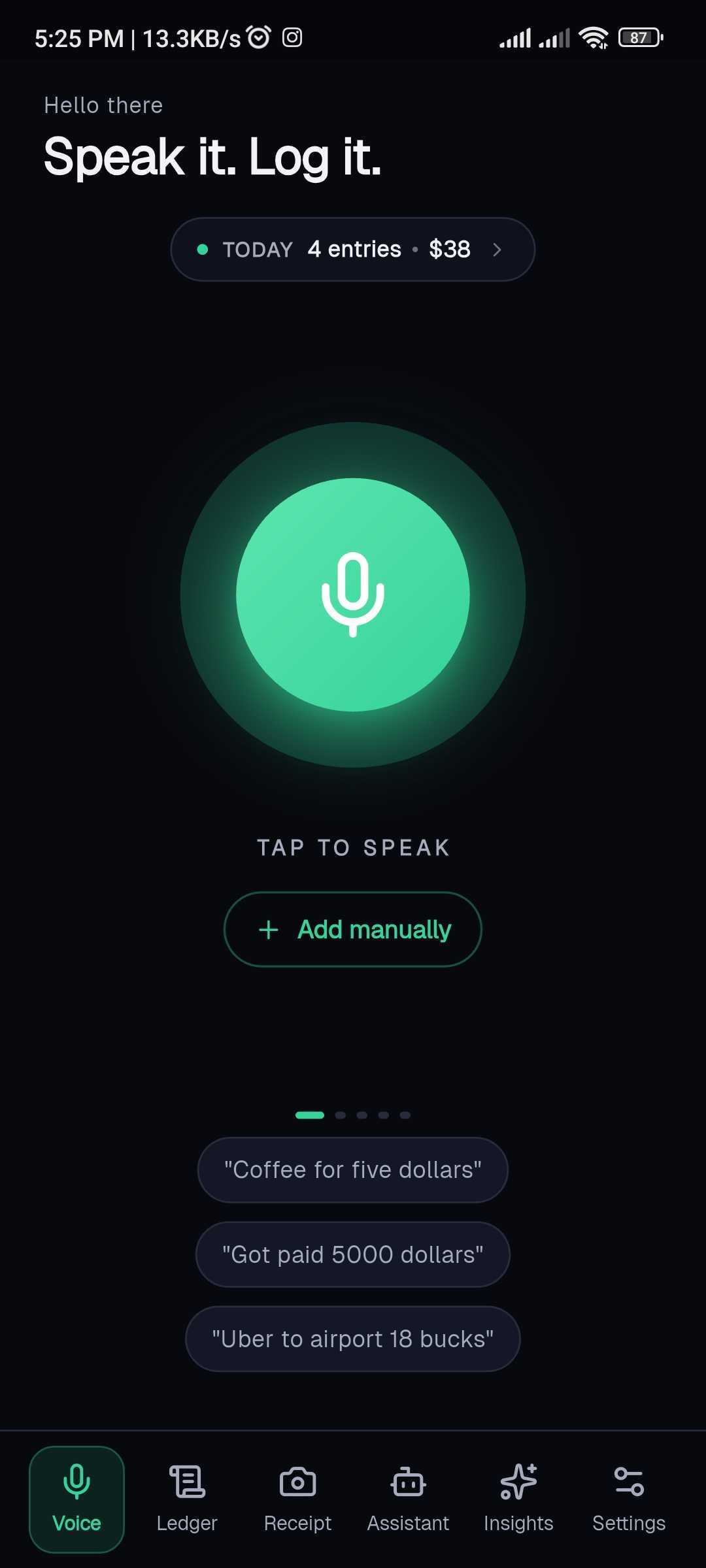The Tapsayve mobile home screen with the microphone and today's total.