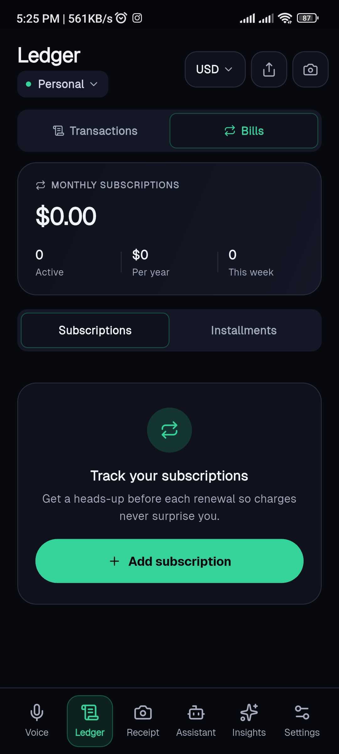 The Bills tab in the Tapsayve mobile Ledger, listing recurring subscriptions and their renewal status.