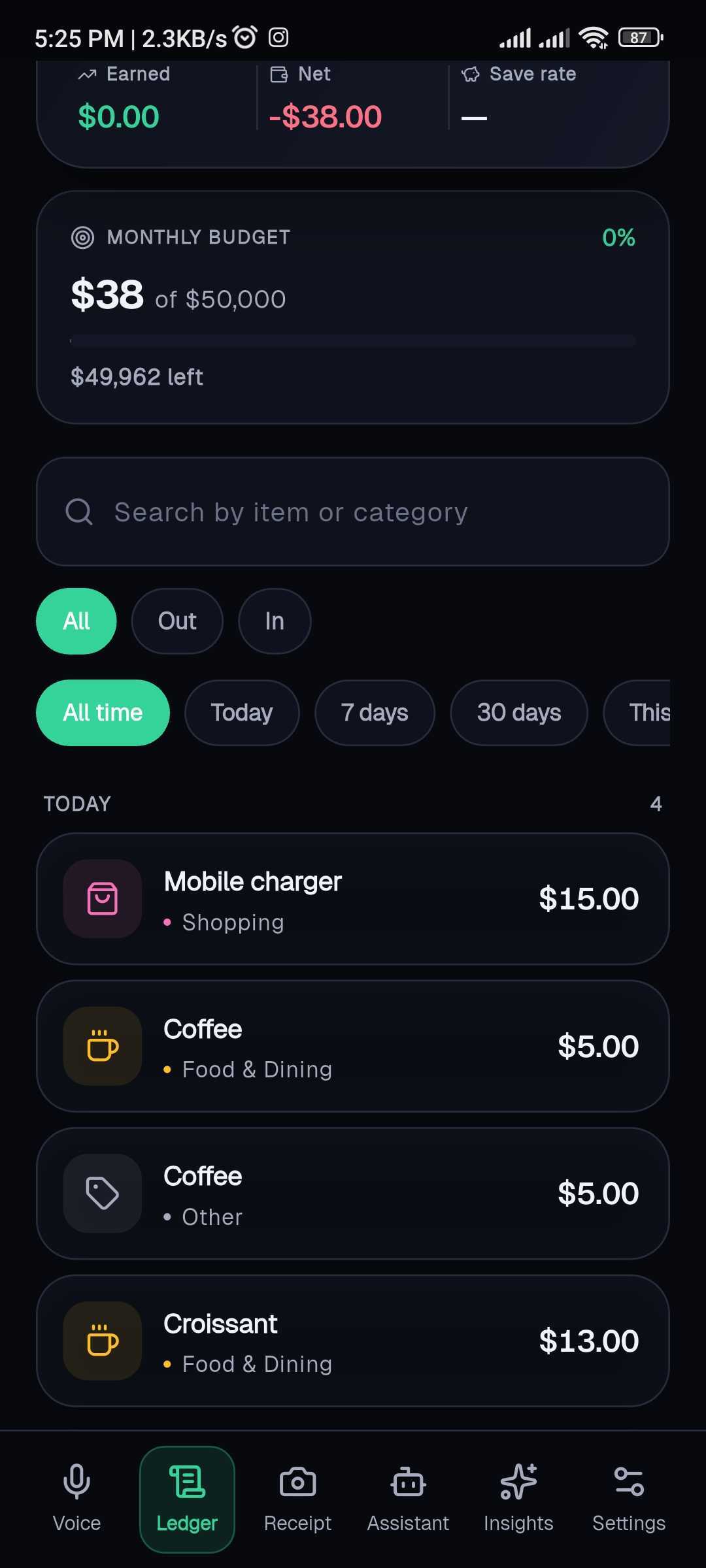 The Tapsayve mobile Ledger showing this month's spend, tiles, budget, and transactions.