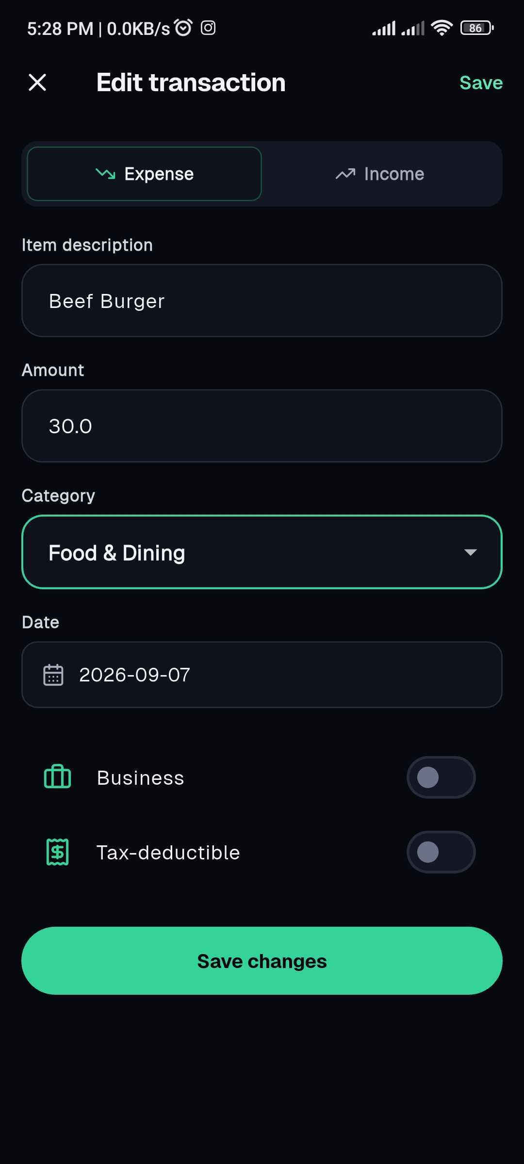Adding an expense manually on Tapsayve mobile, entering amount, description, category, and date.