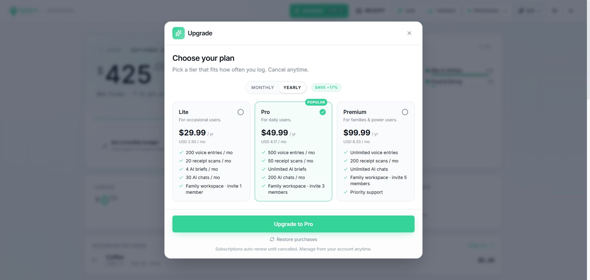 The Tapsayve plans comparison, showing what each paid plan includes.