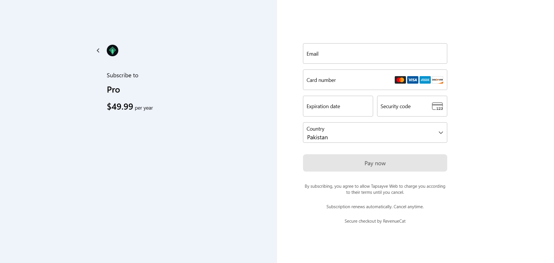 Choosing a Tapsayve plan and billing period before confirming the purchase.