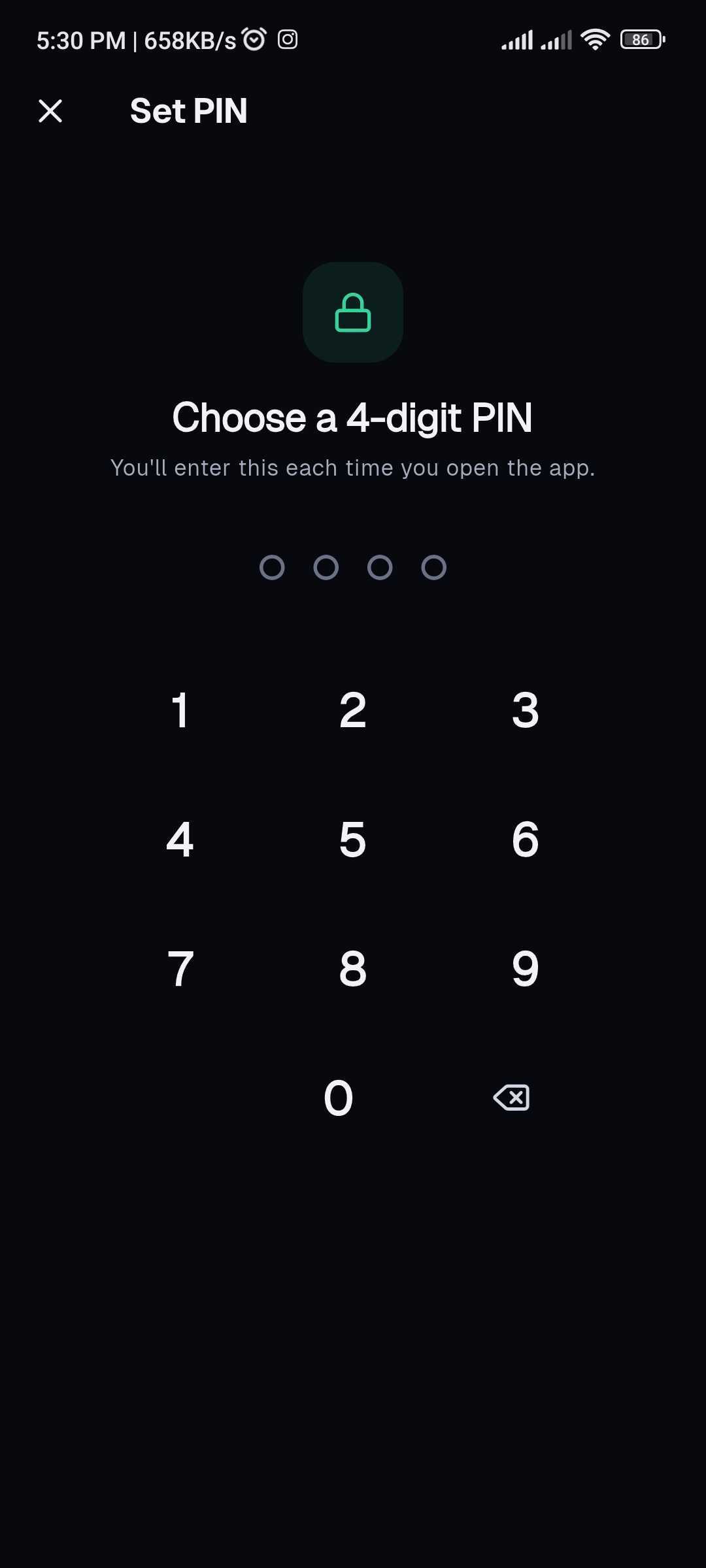 The Tapsayve mobile PIN lock screen.
