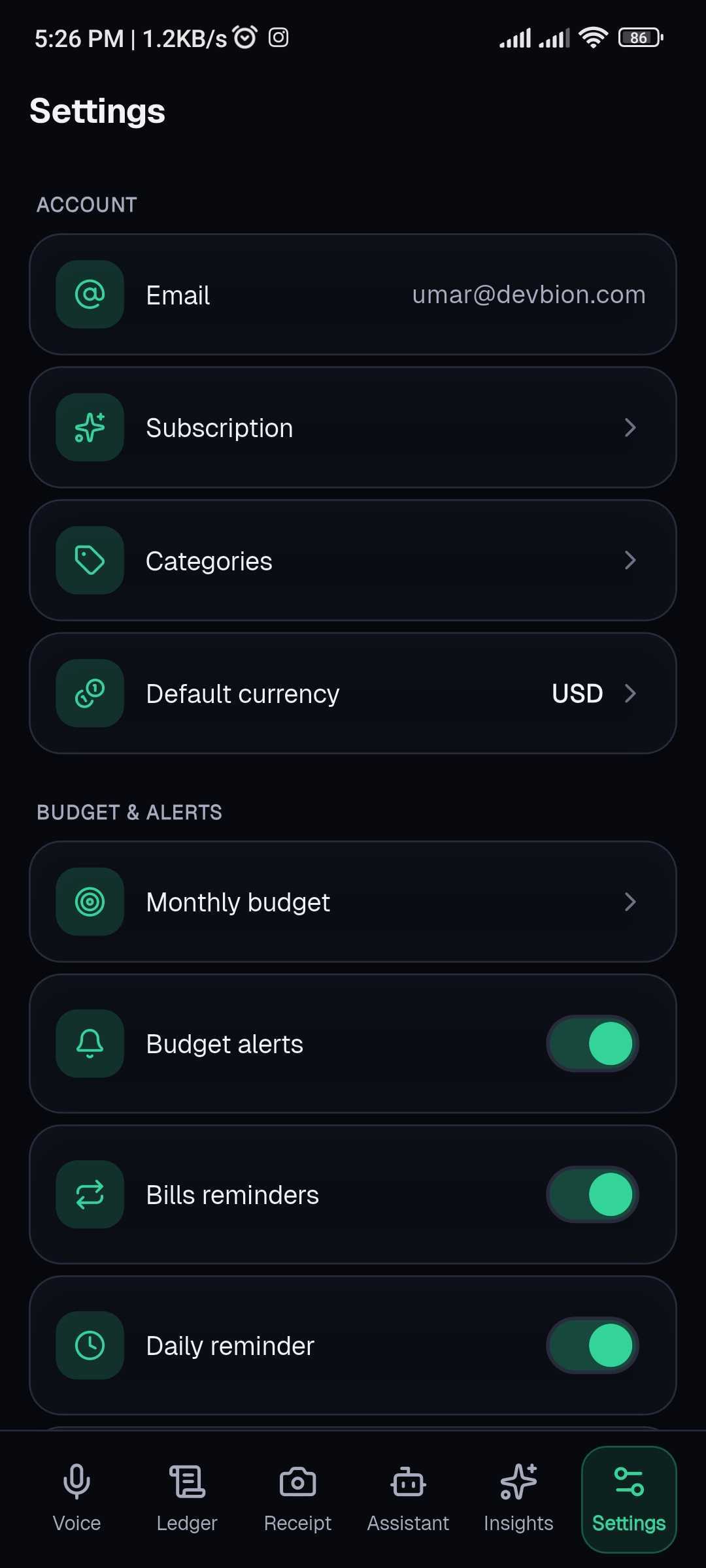 The Tapsayve mobile Settings screen with account, budget, quick log, support, and security sections.