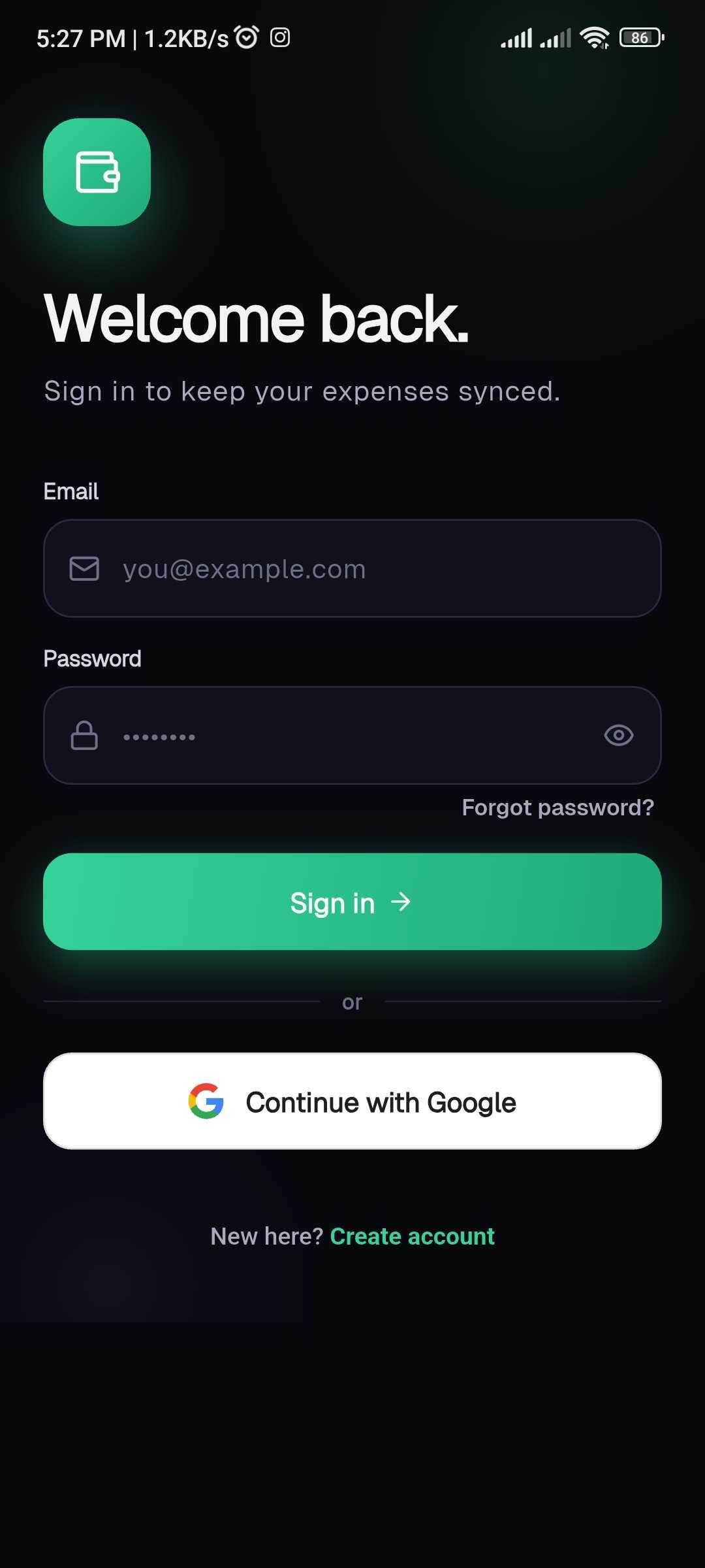 The Tapsayve mobile sign in / create account screen with email, password, and Continue with Google.