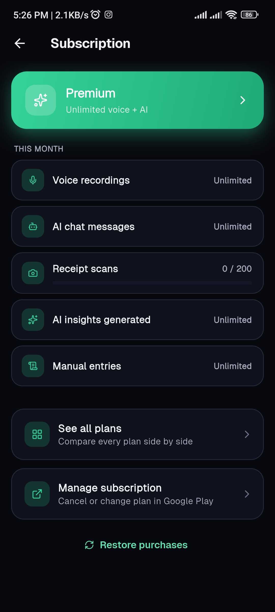 Adding a recurring subscription on Tapsayve mobile with name, amount, cycle, and due date.
