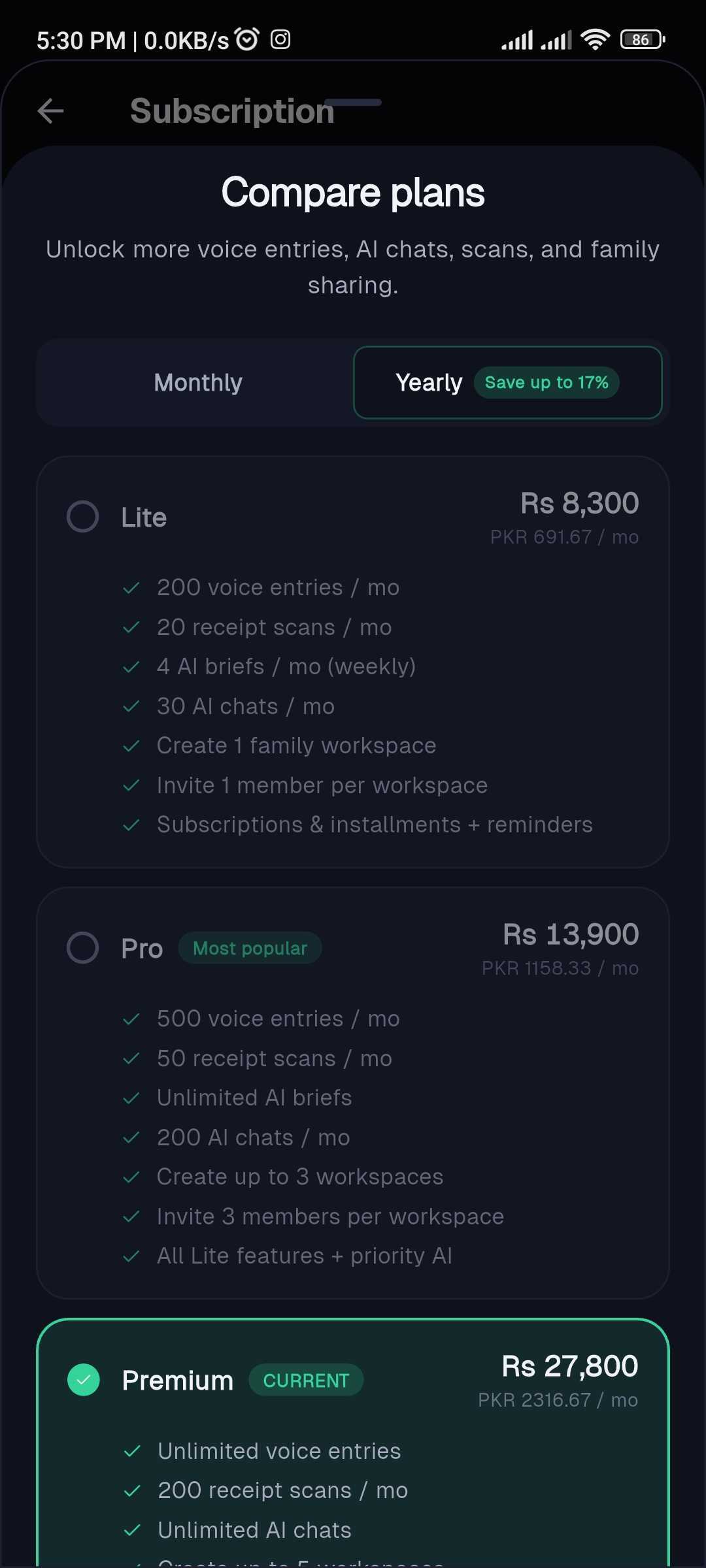 The Tapsayve subscription plans screen on mobile, comparing Lite, Pro, and Premium.