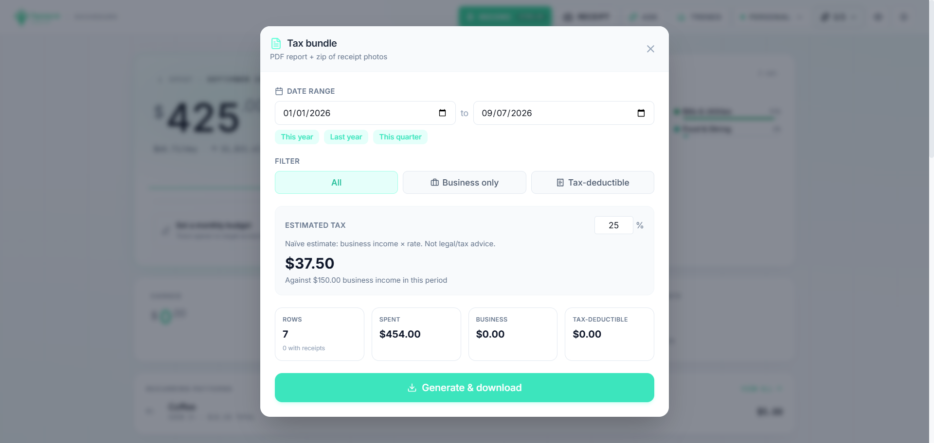 The Tapsayve tax bundle export, choosing a date range and scope before generating a ZIP.