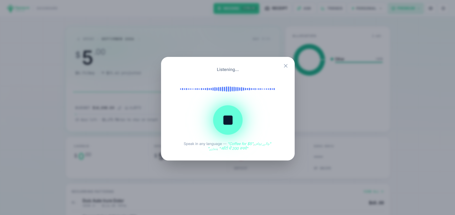Logging an expense by voice in Tapsayve, the spoken entry parsed into amount, category, and date.