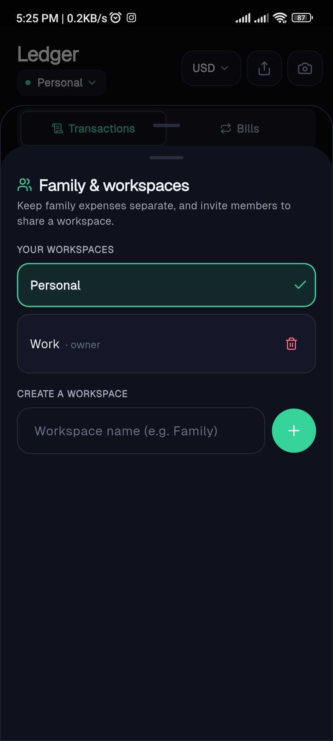 The Family & workspaces manager on Tapsayve mobile, listing your workspaces and a create form.