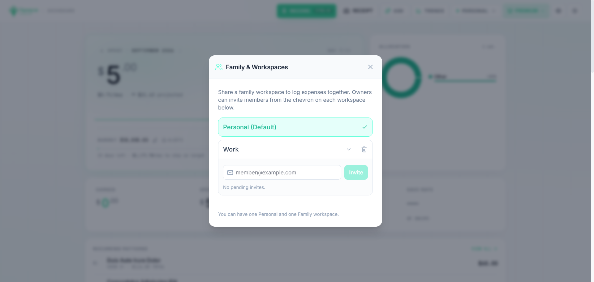 The Tapsayve workspace switcher for moving between Personal and shared workspaces.